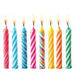 Eight colorful birthday candles burning brightly against a black background celebration party, Png On White Background, Isolated on Transparent Background, Cut Out