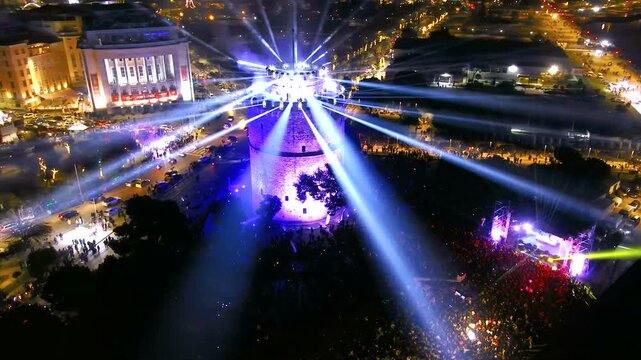 New Year&rsquo;s Eve Celebration Over Thessaloniki  Waterfront and Historic Tower