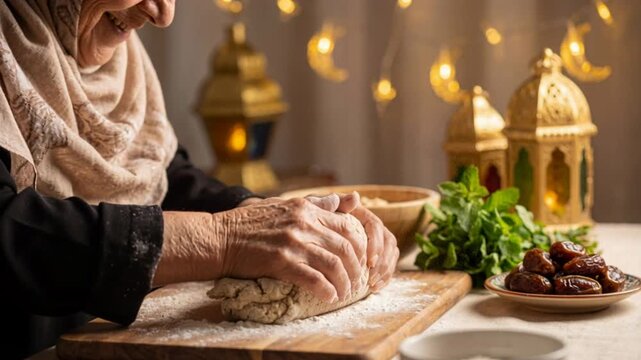Close-up of senior muslim woman kneading dough to make bread for Ramadan