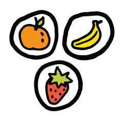Hand Drawn Fresh Fruit Vector Icon Set with Orange Banana and Strawberry