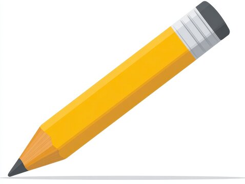 A diagonally positioned yellow pencil with a gray eraser and a sharpened graphite tip, casting a subtle shadow on a white background - Powered by Adobe