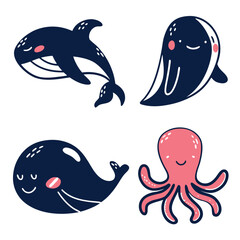 Cute Hand Drawn Sea Animal Vector Set with Whale Orca and Octopus