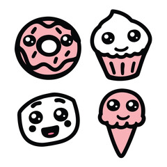Cute Hand Drawn Dessert and Sweet Food Vector Icon Set with Donut Cupcake and Ice Cream