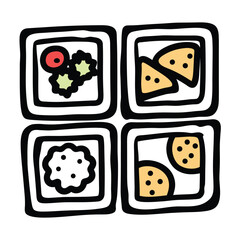 Hand Drawn Sushi and Bento Box Vector Icon Set with Rice Roll and Asian Food