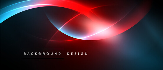 Abstract dark background. Bright neon curves create dynamic flow, red and blue hues dominate design. Modern aesthetic.