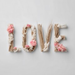 Love typography crafted with dried flowers and wheat