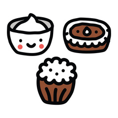 Hand Drawn Chocolate Dessert and Pudding Vector Icon Set with Cake Tart and Muffin