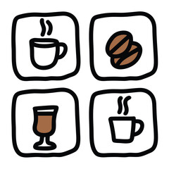 Hand Drawn Coffee and Caffeine Beverage Vector Icon Set with Cup Bean and Latte Glass