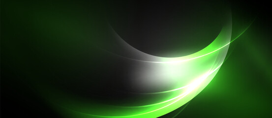 Abstract green energy flow. Smooth curves create dynamic visual impact. Bright light contrasts dark background. Modern design element.