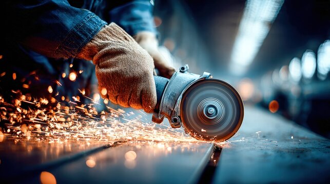 A skilled worker using an angle grinder to cut through metal in a workshop environment.