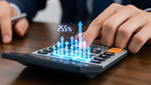 Financial growth visualization on calculator with businessman analyzing data and planning strategy - Powered by Adobe