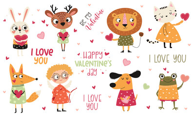 A set of cute vector illustrations in a naive style. Cute animals in clothes holding hearts, a baby cupid. Lion, rabbit, frog, deer, dog, fox, and cat. A collection of vector illustrations for