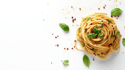 Pasta with Pesto Sauce and Basil Leaves on White Background