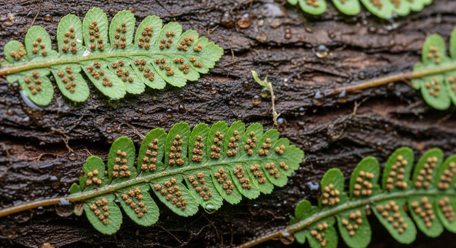 Closeup of green fern fronds with visible sori sporeproducing structures resting on a dark, textured surface, possibly bark