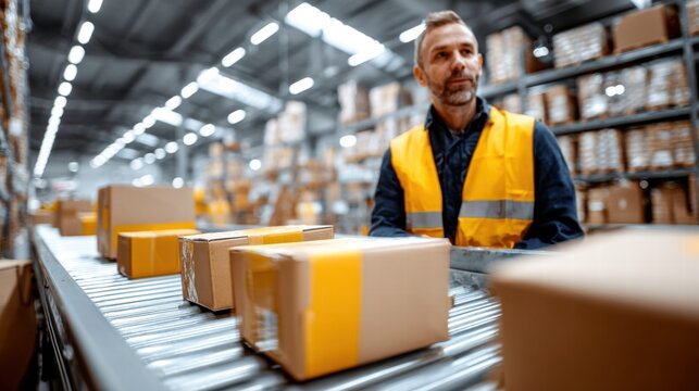 A warehouse worker observes packages moving on a conveyor belt in a distribution center.