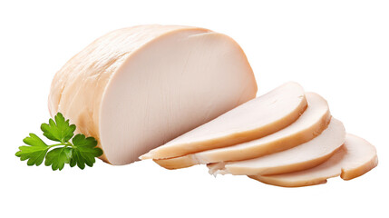 Sliced chicken breast served with green garnish tender chicken breast slices presented on plate with herb