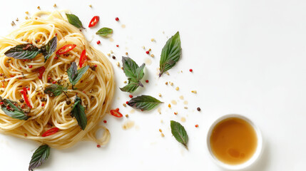 Pasta with Pesto Sauce and Basil Leaves on White Background