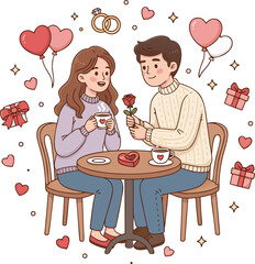 Valentine Romantic Couple Dating at Cafe with Flower &ndash; Cute Illustration