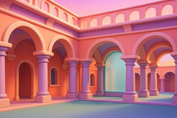 Obraz premium Surreal pastel courtyard with arches and columns in soft architectural style and vibrant lighting in surreal dreamlike atmosphere concept. Ai generative