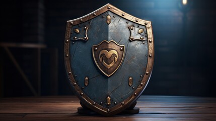 A beautifully crafted shield stands prominently with deep blue and gold colors, featuring ornate details and a striking emblem.