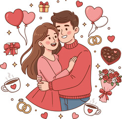 Valentine Romantic Couple Hugging with Gifts and Hearts &ndash; Cute Illustration
