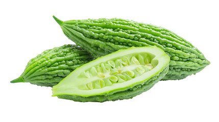 Green bitter melon whole and halved on plain background bitter melon one whole another sliced revealing internal structure