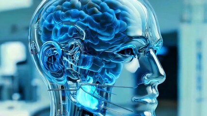 Artificial intelligence head profile showing glowing blue brain structure inside transparent android casing representing futuristic technology machine learning robotics consciousness and digital innov - Powered by Adobe