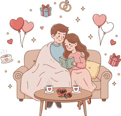 Valentine Romantic Couple Reading Book Together on Sofa &ndash; Cute Illustration