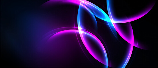 Abstract neon lights form flowing curves, vibrant blues, pinks against dark background. Dynamic energy radiates from design.