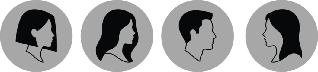 User profile avatar silhouettes set, male and female side face icons in circular frames, minimalist vector illustration for accounts, identity, UI, and web design projects