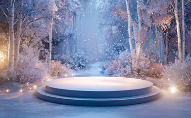 Winter holiday background with podium and birch trees for product presentation. Winter christmas scene with snow and lights. Generative AI.