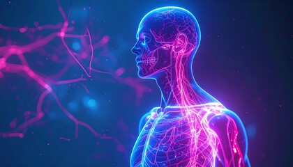 Illuminated human figure with glowing circulatory and nervous systems