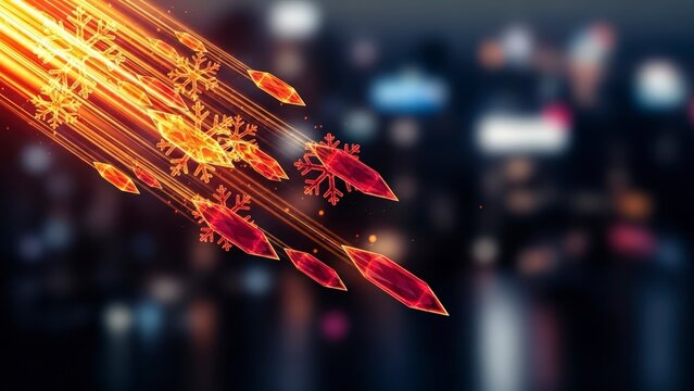 Abstract digital art of glowing red and gold elements descending against a blurred city night background. - Powered by Adobe