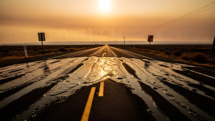 Ice covered highway road with yellow line at sunset or sunrise
