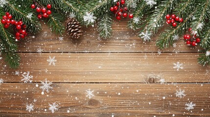 A christmas background with pine branches berries snowflakes and a pinecone on a wooden surface top view