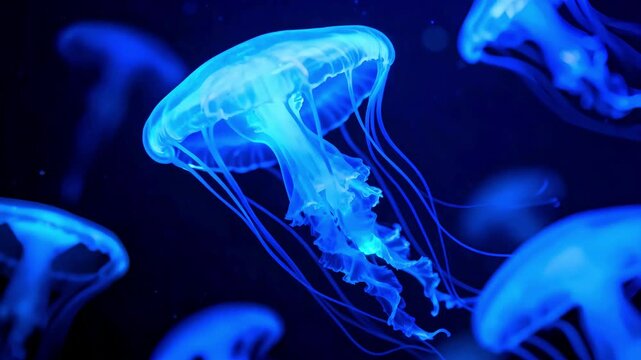 Bioluminescent jellyfish swimming in deep dark ocean water glowing blue ethereal marine life underwater aquatic creature vibrant light display natural wonder deep sea environment mesmerizing beauty
