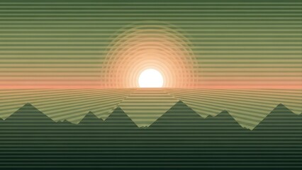 Minimalist pixel art landscape with sunset over mountains.