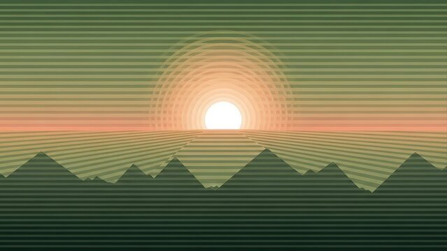 Minimalist pixel art landscape with sunset over mountains. - Powered by Adobe