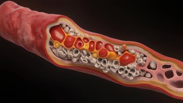 Cross section of a diseased artery showing plaque buildup and atherosclerosis leading to reduced blood flow and cardiovascular issues