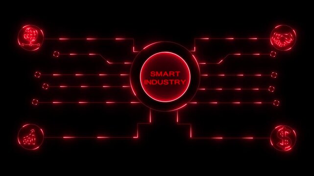 Glowing neon sign Business SMART INDUSTRY concept animated. SMART INDUSTRY management concept. Glowing neon line SMART INDUSTRY Product lifecycle management system. 4k Animation.