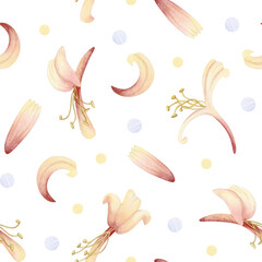Honeysuckle flowers and petals watercolor seamless pattern on white. Delicate pastel yellow and pink garden blooming plant for spring and summer floral nature designs. Hand drawn repeat background