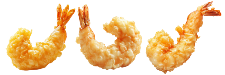 Deep fried shrimps tempura in golden batter, isolated on white background, concept of Japanese cuisine delicacy