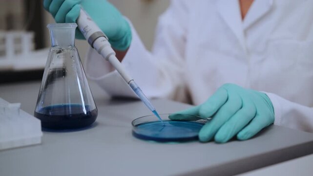 Close up female hands uses pipette for biochemical analysis, preparing agar media in a Petri dish