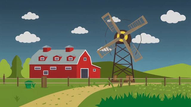 Pixel Art Farm Scene With Red Barn And Windmill On A Sunny Day