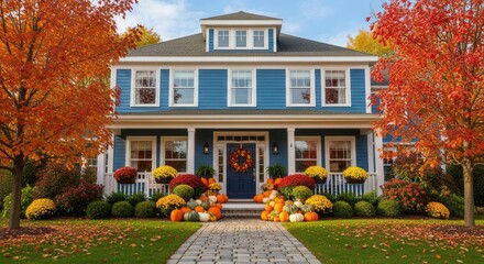Charming blue house decorated for autumn with pumpkins gourds and vibrant fall trees under a clear sky showcasing seasonal beauty