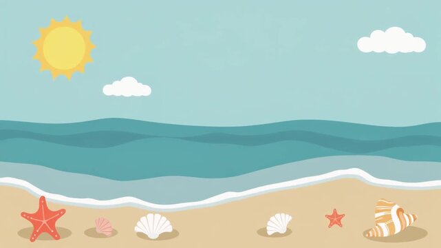 Cartoon Beach Scene With Ocean Waves Sun Clouds Starfish Seashells