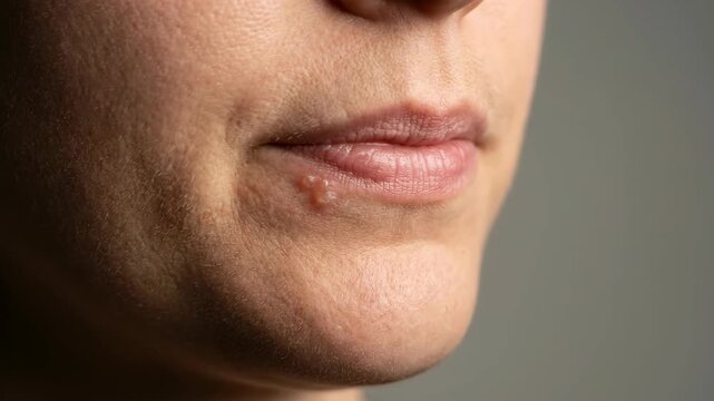 Close up of a womans mouth with cold sores on her lips.