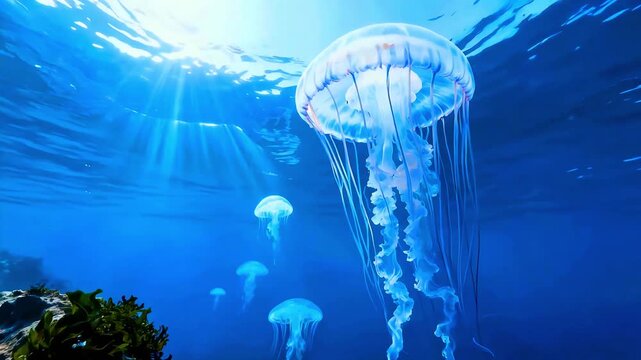 Jellyfish swimming deep blue ocean water sunlight rays marine life underwater ecosystem aquatic creature ethereal glow transparent bell tentacles vibrant sea nature background beautiful