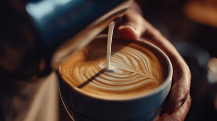 Barista Pouring Milk Creating Latte Art in a Coffee Cup
