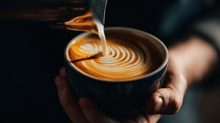 Barista Pouring Milk Creating Latte Art in a Coffee Cup